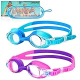 OMERIL Swim Goggles, 2 Packs Anti-Fog Leak Proof Kids Swimming Goggles. Flexible Nose Bridge, 3D Tight Fit Design, Wide View Swim Glasses with Portable Case for Children and Teens (Age 6-14)