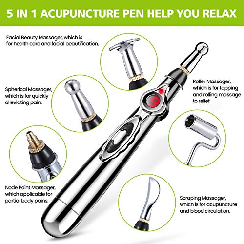Acupuncture Pen LIUMY 5 in 1 Electronic Acupuncture Pen with Replaceable Massage Head, Multi-Function Massage Pen Tools for Pain Relief, Meridian Energy Pulse Massage (with 2 Gel)