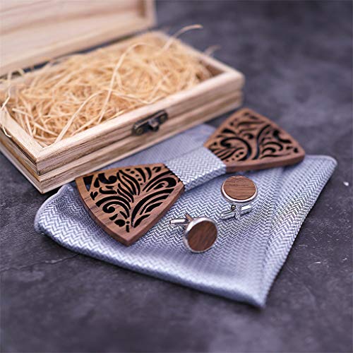 COM1950s Men's Bow Tie Natural Handmade Wooden Collar Vintage Wood Tie Manual Wooden Bow Tie Handkerchief Set (Gray, A)