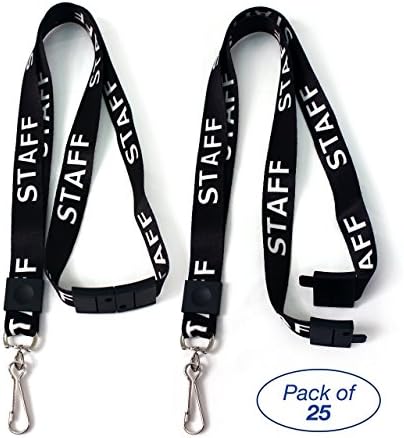 Pack of 25 Lanyards, Printed Black and White Staff Design, Safety Breakaway with Steel Swivel Hook, by idshop.