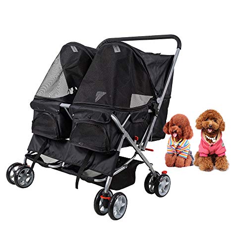 Dporticus 4 Wheel Pet Stroller Foldable Two-Seater Carrier Strolling Cart for Dog? Cat and More Multiple Colors