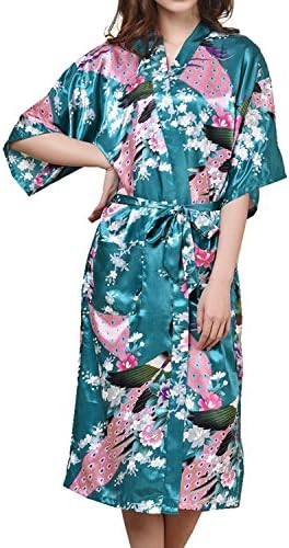 Women's Kimono Robe Long - Silk Peacock Blossoms - Turquoise/XL