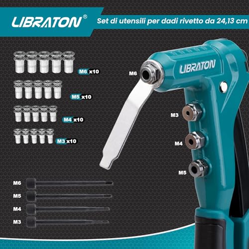 Libraton 9.5 Inch Professional Rivet Nut Rivet Gun Threaded Insert Manual Pliers Rivet Nut with 40pcs Nuts M3 M4 M5 M6 Interchangeable Mandrels 4pcs for Threaded Inserts