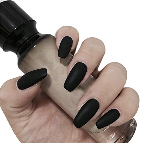 False Nails Black Matte Press On for Women Fake Nails Black Nail Tips Medium Long Full Cover Design Stick On Nails Artificial Fingernails Art Tips 24pcs