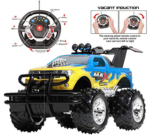 Remote Control Car for Boys and Girls, Rechargeable, Powerful Sound and Motion Sensor Steering Wheel Remote, Hobby Toy Race Car. RC monster truck, Electric Jeep for Kids and Adults, Best Gift. yellow