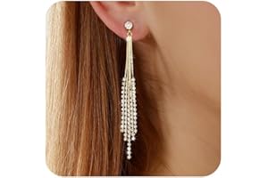 RITACH Clip on Earrings for Women 18K Gold Plated Long Drop Dangle Earrings Charming No Piercing Hoop Stud Earrings Sparkly Cubic Zirconia Tassel Ear Clips Statement Jewelry Party Prom Wedding