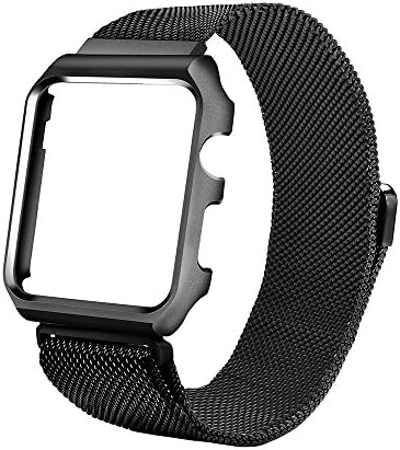 Gonyou Watch Band Milanese Loop with Metal Watch Case Protective Cover for Apple Watch Sport Edition Series 2 Series 1 Series 3 (Milanese with Case/Black, 42)