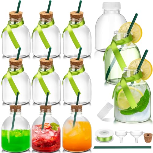 Photo 1 of Vesici 12 Pcs Plastic Patron Bottles with Cork and Straw Empty Juice Bottles for Drinks Reusable Mini Liquor Jar with Green Silky Ribbon for Wedding Party Personalized Decoration(Green,10oz)