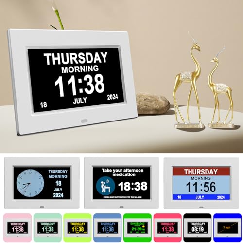 Youyu 7" Dementia Clock for Dementia Sufferers, Digital Calendar & Digital Alarm Clock for Elderly, Dementia Clocks with Days Dates and Time of Day, Remote & HD Picture Frame, White