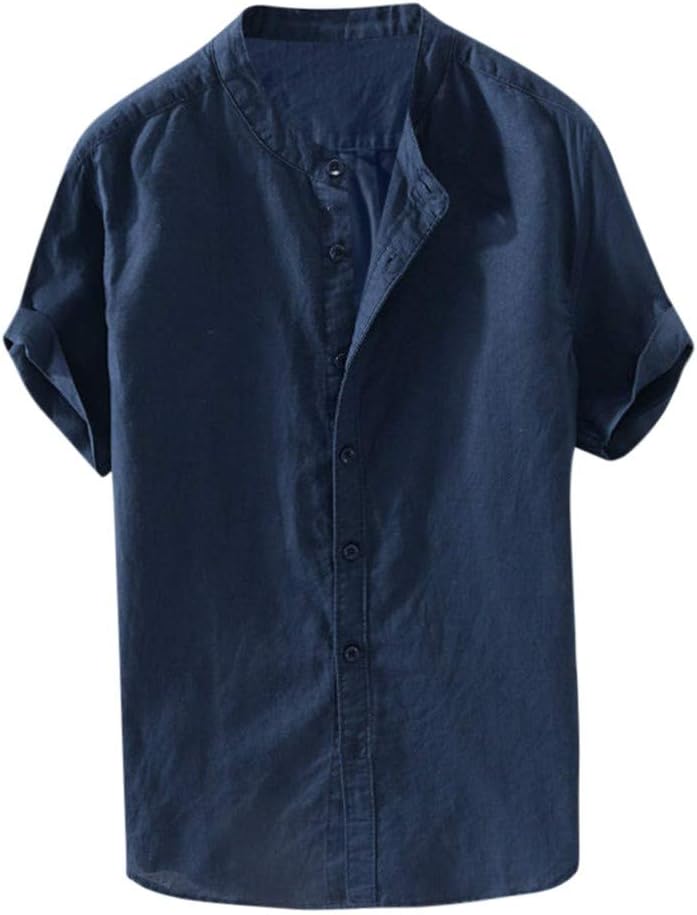 TUDUZ Men Men's Summer Vintage Solid Grandad Collar Short Sleeve Buttons Henley Neck Cotton And Linen Shirt