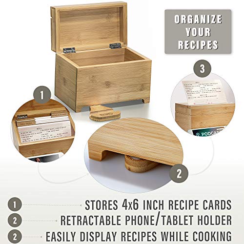 Prosumer's Choice Bamboo Recipe Box w/Fold Out Tablet and Smartphone Stand for 4x6 inch Cards