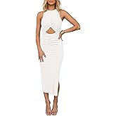 HUUSA Women's Sexy Sleeveless Cut Out Slim Bodycon Dress Crewneck Crisscross Twist Ruched Slit Ribbed Knit Tank Midi Dress