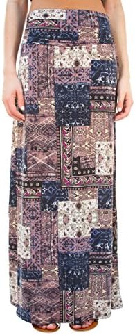 Joe B Woman High Foldover Waist Ankle Length Maxi Skirt, Blue/Tan Gypsy Quilt, X-Large