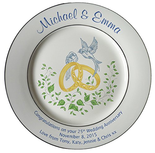 Personalized Bone China Commemorative Plate For A 25th Wedding Anniversary - Rings And Doves Design With 2 Silver Bands
