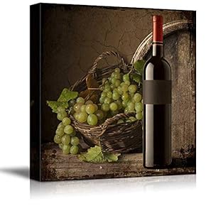Square Rustic Style Wine Bottle with Grapes and Wooden Barrel