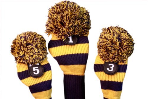 Majek Golf Club Head Covers Traditional Knit Vintage Classic Pom Pom Retro Rugby Driver Fairway Metal Wood Set Oversized Os Headcovers: Blue & Yellow Michigan Colors Fits 460cc Drivers