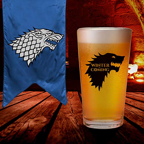 Game of Thrones Inspired Beer Glass (16 oz)- Stark Royal House of Westeros with Sigil & Motto Winter is Coming- Gift for Dad, Men, Friends, Him or GOT Fan- Made in USA- Fun GOT Watch Party Supplies