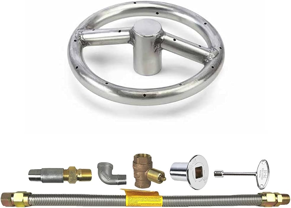 SpotixHPC Match Lit Fire Pit Burner Kit (FPS6KIT-LP-MSCB), Round, 6-Inch Burner, Propane, Polished Chrome, with Flange, Key, Valve, Flex Line and Fittings