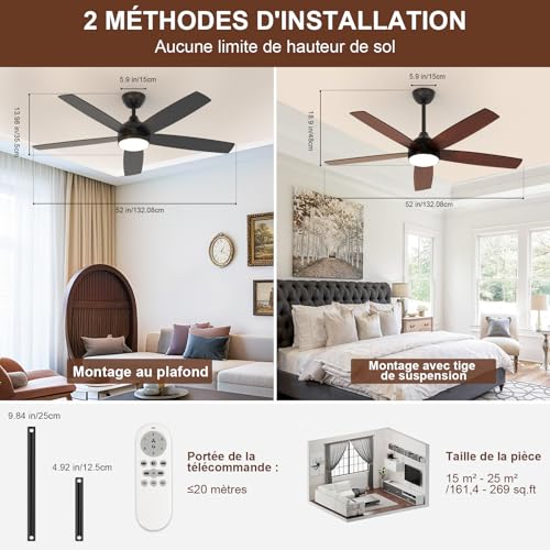 Dorlink Ceiling Fan with Light and Remote Control, 132 cm, Silent DC Motor, Ceiling Fan with Light for Bedroom, Living Room, Kitchen, Black/Walnut