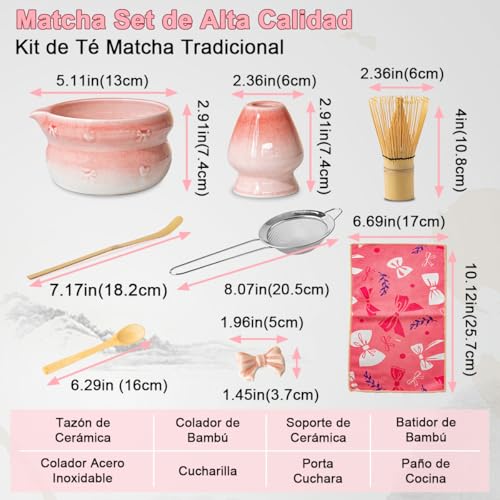 Juego de 8 Batidor de Matcha, Kit Matcha con Tazón Cerámica, Soporte Cerámica, Batidor, Cuchara, Colador, Cucharilla, Porta Cuchara y Paño de Cocina para Hacer Japonés Té Verde Ceremonia Regalo (Rosa)