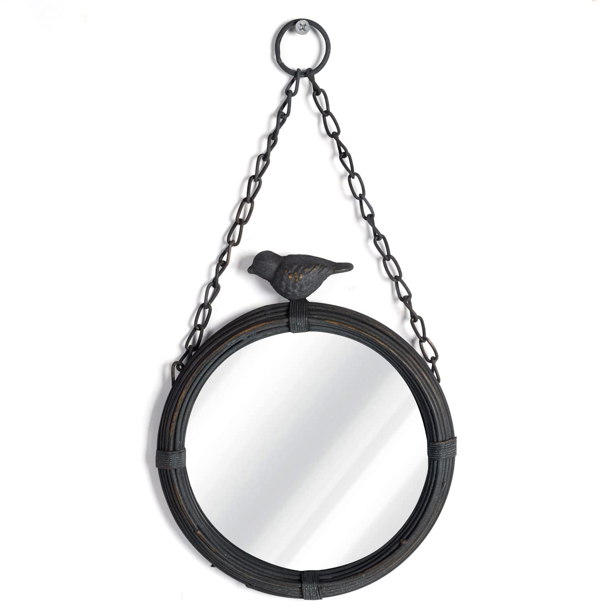 NIKKY HOME Shabby Chic Metal Wall Hanging Round Mirror with Sparrow, Matt Black 17 x 2.5 x 20.5 CM