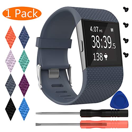 KingAcc Fitbit Surge Bands, Silicone Accessory Replacement Band for Fitbit Surge, with Metal Buckle Fitness Wristband Strap WatchBand Women Men (1-Pack, Gray, Large)