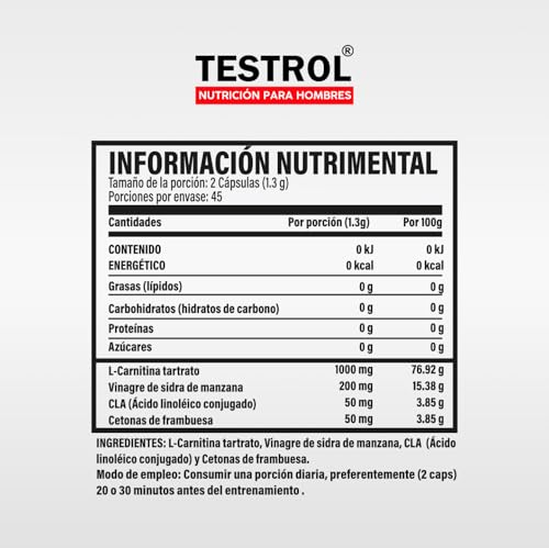 L Carnitina, Platinum 1300mg por porción | 4 en 1 | Carnitina Tartrato, Vinagre de Manzana Organico, Cla y Cetonas de Frambuesa | Pre Workout | Para Hombres y Mujeres, Testrol L-Carnitina 90 Cápsulas