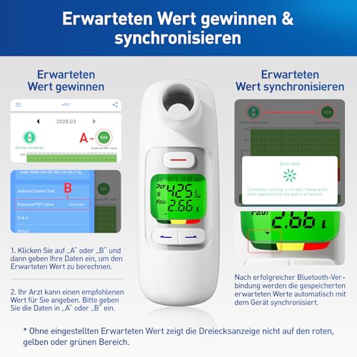 Peak Flow Meter with Bluetooth, App Analysis, PEF FEV1 Mssen, Rechargeable | 300 histotic data, 2 mouthpieces, red, yellow, green risk indicator, for asthma COPD, portable, monitoring lung function