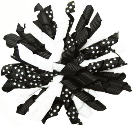 Party Girl - Black &amp; White Polka Dot Curly Ribbon Korker Hair Bow Clip - 4"
