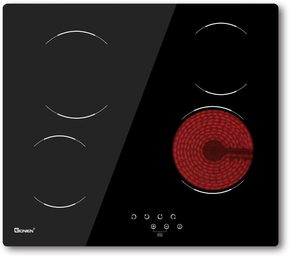 GIONIEN Ceramic Hob 60cm Electric Cooktop Burner, Built in Black Glass Cooker with 4 Cooking Zones,Hardwired (no plug),GCE460TC
