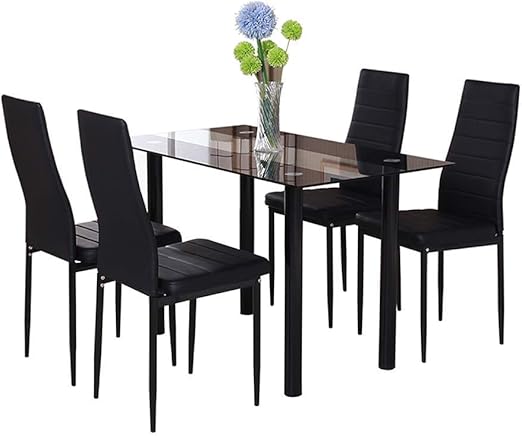 Huiseneu Modern Black Glass Dining Room Chairs And Table Set 4