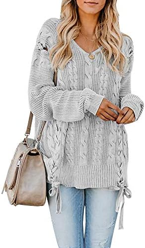 Hestenve Womens Oversized Pullover Sweaters Cable Knit V Neck Lace Up Chunky Tops