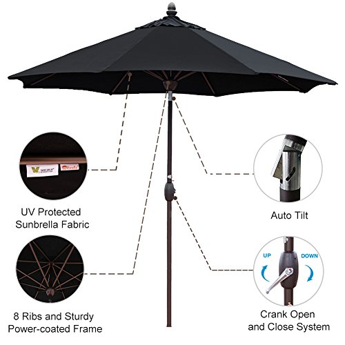 SORARA Sunbrella Patio Umbrella 9-Feet Outdoor Market Table Umbrella with Auto Tilt&Crank&Umbrella Cover, 8 Ribs, Canvas Black