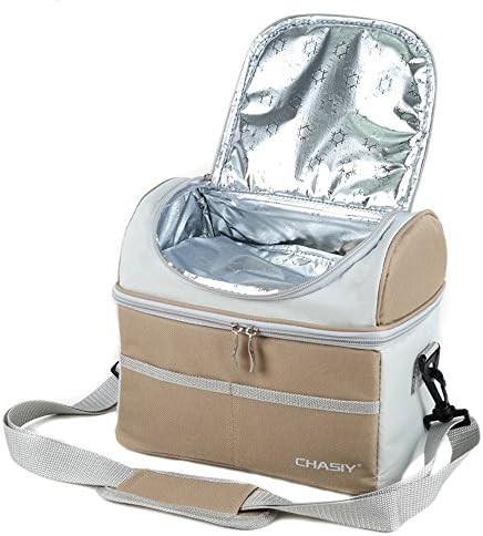 LAMITA-Insulated Cooler Lunch Bag 2 Meals Prep Meal Box for Picnic, School, Work , Outdoor Sports,Large Capacity With Adjustable Strap Khakki
