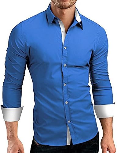 CUSON Men Casual Dress Shirt Cotton Slim Fit Long Sleeve Button Down Solid Shirt Roy Blue L+