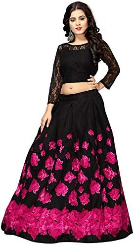 Arawins Womens Digital Floral Printed Banglori Satin Silk Anarkali Lehenga Choli (kalaGulabPink_Black_Pink_Free Size_Semi Stitched)