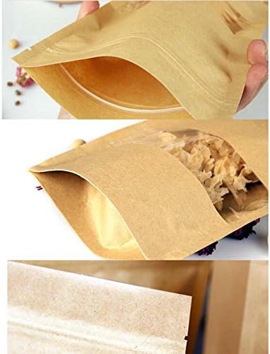 DecentGadget® 50PCS Reusable Ziplock Grip Seal Bags Waterproof Kraft Paper Stand Up Pouches with Transparent Window Food Storage Pouches for Coffee Bean Tea Leaf Snacks Cookie (20 * 14cm 50pcs) - Image 5