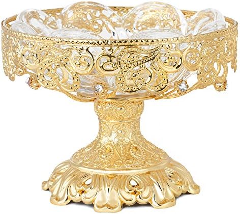 Crown Crystal Compote Centerpiece Decorative Bowl Plate 7.9 Inches Dia Round Serving Platter Dish with Gold Pedestal Vase Base Weddings Parties Tabletop Stand for Cakes Desserts Fruits Salad Candy