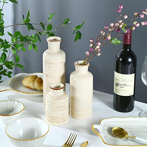 Ceramic Flower Vases Set of 3 for Home Decor Rustic Ideal Shelf Decor Table Décor, Small White Ceramic Vase for Flowers, Neutral Cream Vases Home Decor(Beige)