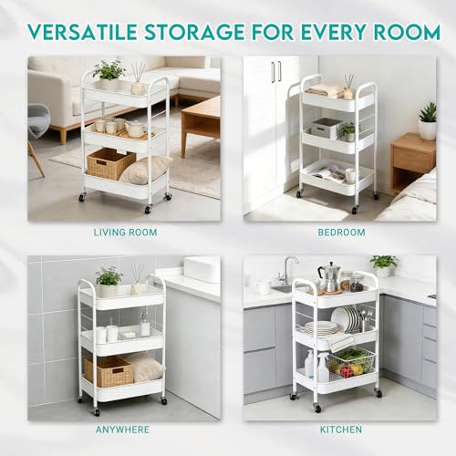 ZOESTORAGE 3 Tier Rolling Cart Metal Storage Cart with Wheels for Home, Bathroom, Kitchen, Laundry, Office and Rolling Cart Kitchen for Books, Vegetables and Snacks, White