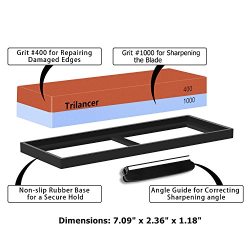 Whetstone Knife Sharpening Stone, 2-Sided 400/1000 Grit Knife Sharpener, Trilancer Japanese Style Waterstone Kit, Angle Guide and Rubber Base Included