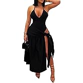 DINGANG Women's Summer 2 Piece Maxi Skirt Sets Halter V Neck Bodysuit High Split Cutout Cover Up Beach Outfits