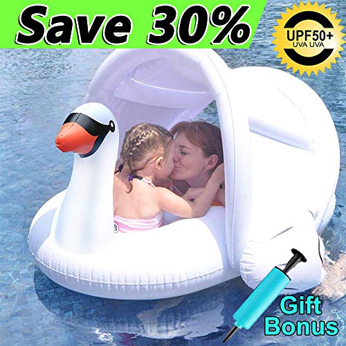 GreaSmart White Swan Baby Pool Float with Canopy Inflatable Swimming Ring Sunshade for Infant Kids Toddler Indoor Outdoor Pool Training Float Ring Pool Toys Fit 8-48 Months Baby