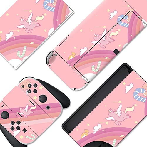 PlayVital Full Set Protective Stickers for Nintendo Switch OLED Model, Customized Vinyl Decal Skins for Switch OLED Console & Joycon & Dock & Grip - Candy Rainbow Unicorn