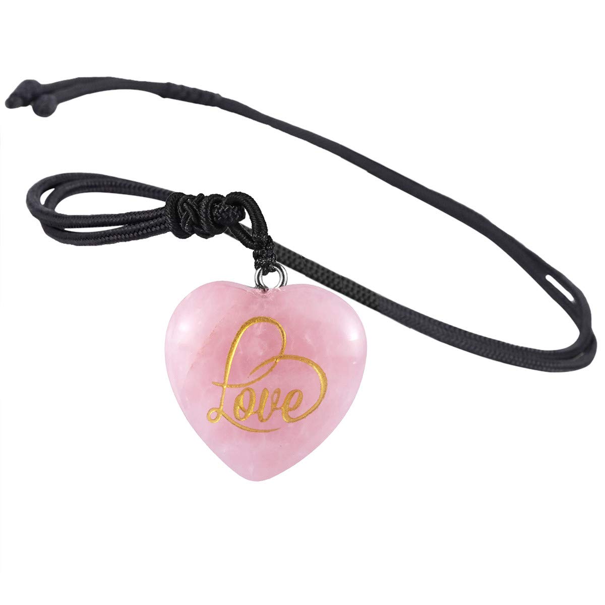 mookaitedecor Heart Love Stone Pendant Necklace for Women and Men, Engraved Amulet Pendant with Chain Adjustable, Stone Nylon, Quartz,