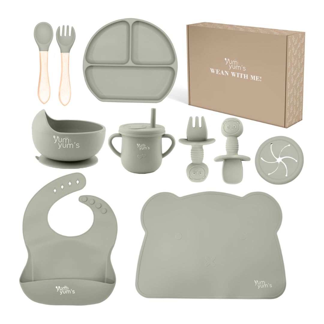 Yum Yum's Baby 10 Pcs Grey Weaning Set - Complete Toddler Feeding Kit w/Sectioned Plate, Suction Bowls, Cutlery with Mouth Guard, Straw Cup, Bib & Mat - Non-Slip - for Toddlers & Baby Gift
