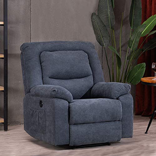 Electric Recliner Chairs Sofa with USB Charge Port for Adults, Power Recliner Chair with Heat and Massage, Fabric Recliner Chair for Bedroom, Living Room and Home Theater Seating (Blue)