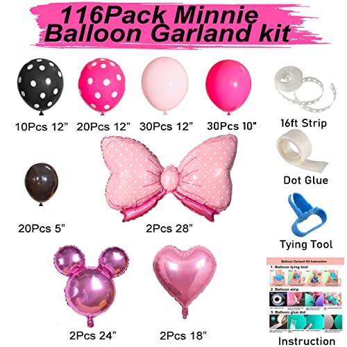 TERRIFI Pink Mouse Color Balloon Garland Kit, 116 Pcs Pink Black Polka Dot Balloon Arch with Bow Foil Balloons for Girls Kids Pink Mouse Theme Birthday Baby Shower Decorations