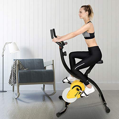 JOROTO Folding Upright Exercise Bike Magnetic Stationary Bike with Phone Holder Pulse Sensor 16 Level Resistance - Sitting & Standing