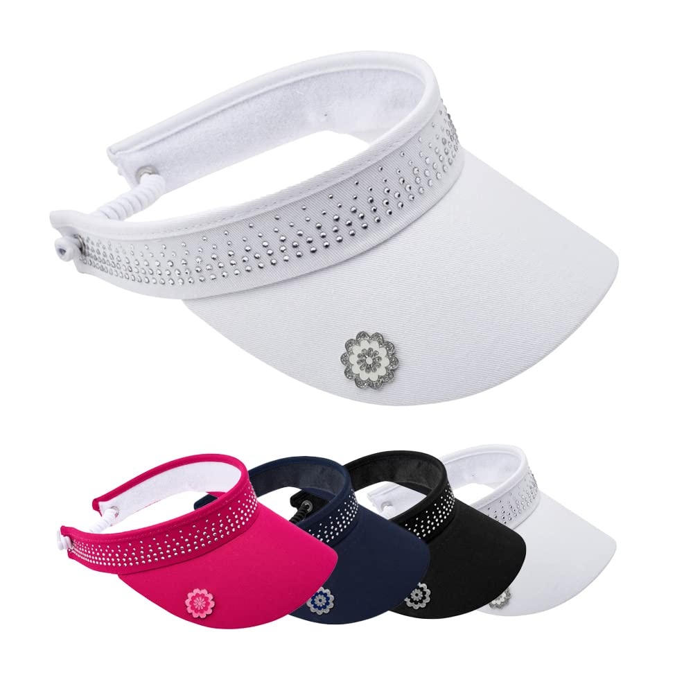 Surprizeshop Womens Golf Embellished Crystal Visor | Telephone Wire | Built in Magnet | Hand Enamelled 25mm Ball Marker | Rigid Peak | Multiple Colours | Golf Visor | Tennis Visor White
